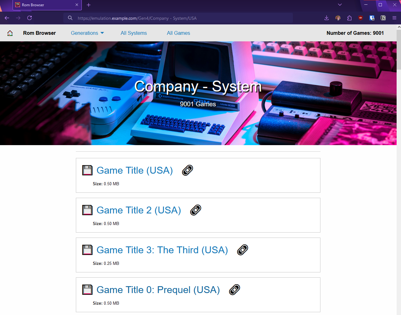 A screenshot of a web browser showing a simple webpage with a list of fake video game titles to browse and download.