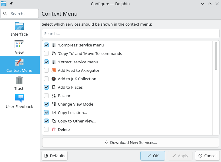 A “Configure - Dolphin” dialog box showing various right-click menu options with checkboxes next to each one.