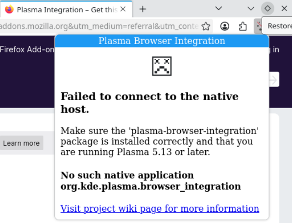 A screenshot of the Waterfox browser with the Plasma Browser Integration add-on installed. The add-on shows an error message that reads “Failed to connect to the native host.” and gives some troubleshooting options and a link to the project wiki.