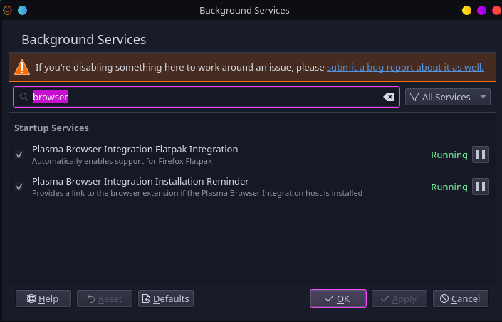 A screenshot of the KDE Background Services options window. The search bar has the word “browser” typed in it. There are two services listed: Plasma Browser Integration Flatpak Integration and Plasma Browser Integration Installation Reminder. Both are enabled and currently running.