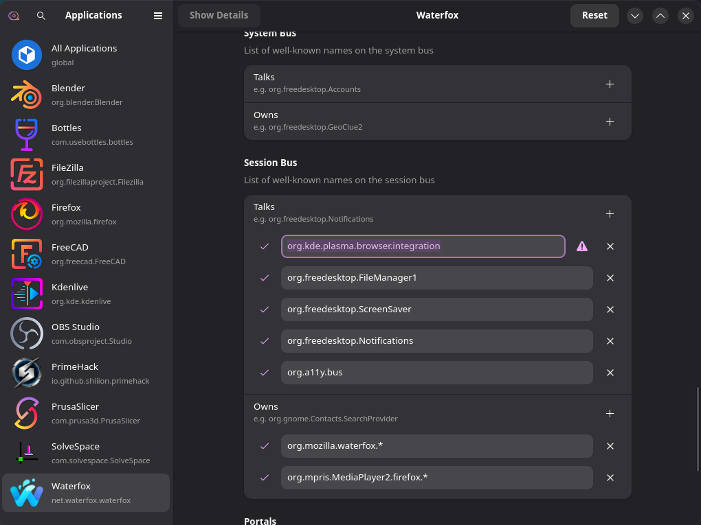 A screenshot of Flatseal with Waterfox selected. In the window, you can see the “Session Bus” section. Added to the “Talks” subsection is a new string with the contents “org.kde.plasma.browser.integration”. A warning symbol is shown next to the value to indicate the default permissions have been changed.