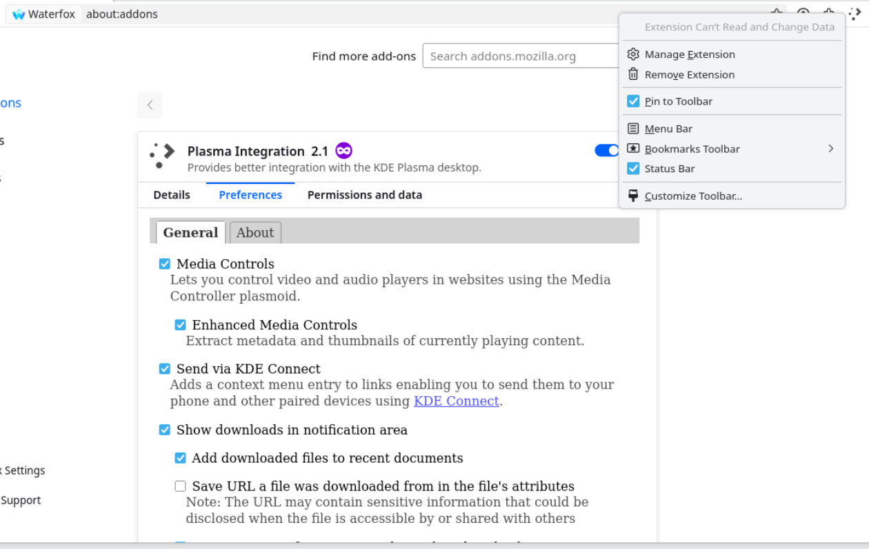 A screen shot of Waterfox showing the “about:addons” page with “Plasma Integration” selected. The “Preferences” tab is selected with various options showing. This indicates that the extension can talk to our local messaging host.